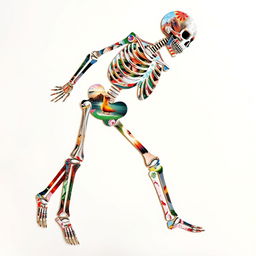 A captivating and imaginative collage forming the full-body shape of a skeleton, crafted from an assortment of magazine cut-outs