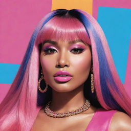 A stylized portrait of Nicki Minaj, highlighting her vibrant fashion and confident persona. Use bright colors and bold lines to capture her larger-than-life image.