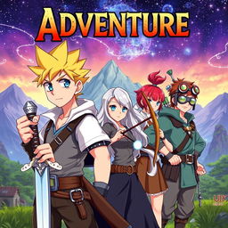 An adventure anime-style book cover featuring a diverse group of characters