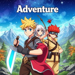 An adventure anime-style book cover featuring a diverse group of characters