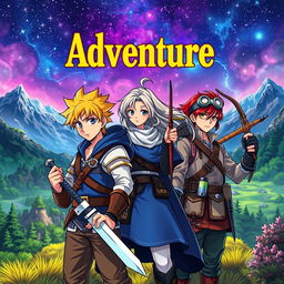 An adventure anime-style book cover featuring a diverse group of characters