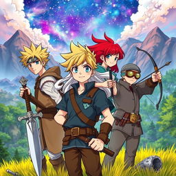 An adventure anime-style book cover featuring a diverse group of characters