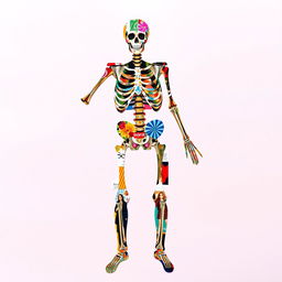 A dynamic and imaginative collage depicting the full-body silhouette of a skeleton, constructed from a variety of magazine cut-outs