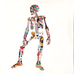 A dynamic and imaginative collage depicting the full-body silhouette of a skeleton, constructed from a variety of magazine cut-outs