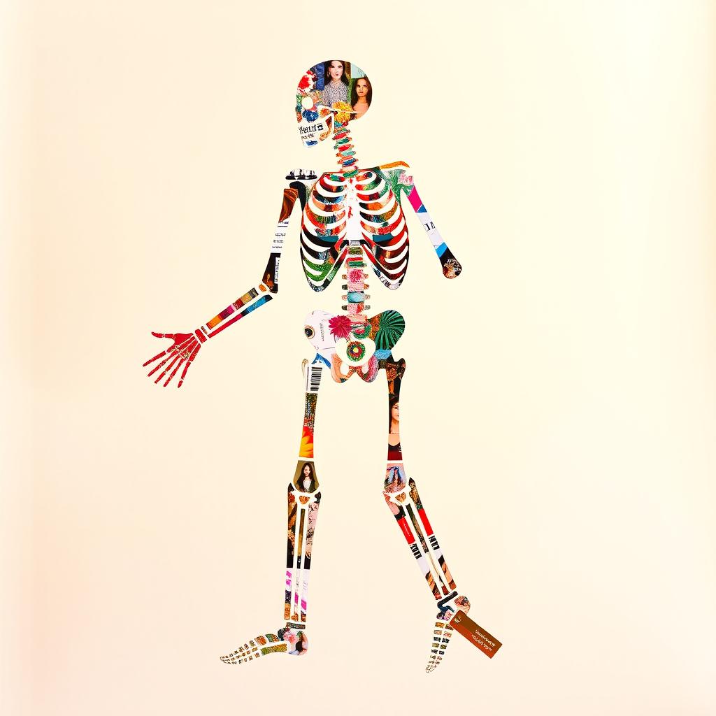 A dynamic and imaginative collage depicting the full-body silhouette of a skeleton, constructed from a variety of magazine cut-outs