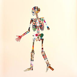 A dynamic and imaginative collage depicting the full-body silhouette of a skeleton, constructed from a variety of magazine cut-outs