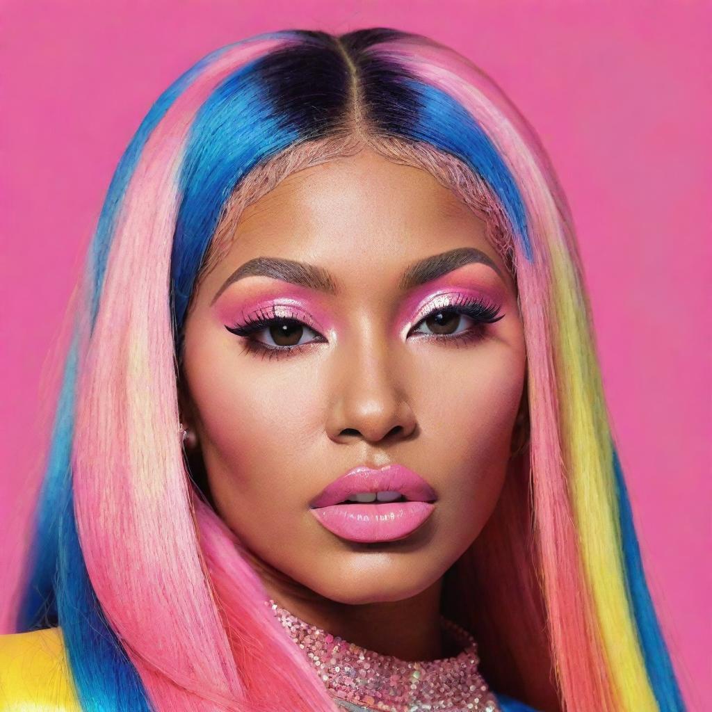 A stylized portrait of Nicki Minaj, highlighting her vibrant fashion and confident persona. Use bright colors and bold lines to capture her larger-than-life image.