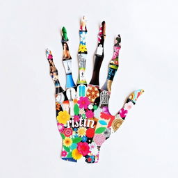 A vibrant and artistic collage depicting the form of a skeleton hand, constructed from a variety of magazine cut-outs