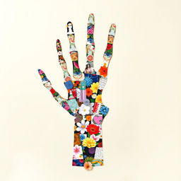 A vibrant and artistic collage depicting the form of a skeleton hand, constructed from a variety of magazine cut-outs