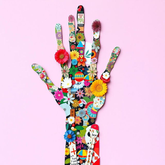 A vibrant and artistic collage depicting the form of a skeleton hand, constructed from a variety of magazine cut-outs