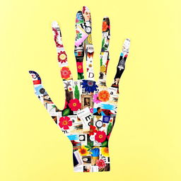 A vibrant and artistic collage depicting the form of a skeleton hand, constructed from a variety of magazine cut-outs