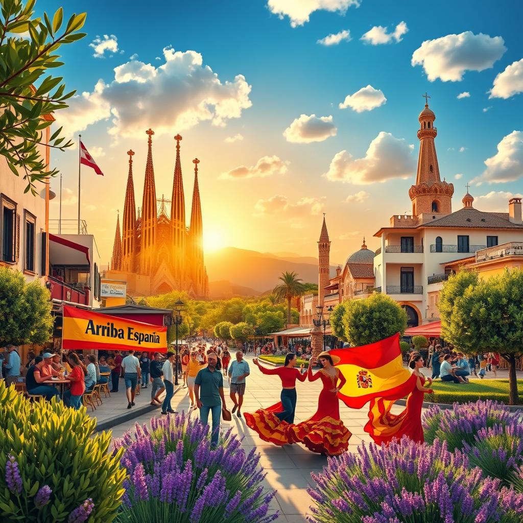 A vibrant and dynamic scene depicting the spirit of Spain, showcasing a warm sunset over iconic Spanish landmarks such as the Sagrada Familia in Barcelona and the Alhambra in Granada