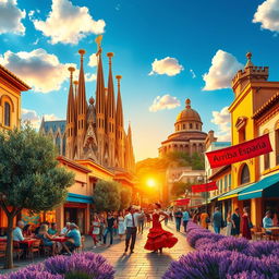 A vibrant and dynamic scene depicting the spirit of Spain, showcasing a warm sunset over iconic Spanish landmarks such as the Sagrada Familia in Barcelona and the Alhambra in Granada