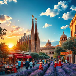 A vibrant and dynamic scene depicting the spirit of Spain, showcasing a warm sunset over iconic Spanish landmarks such as the Sagrada Familia in Barcelona and the Alhambra in Granada