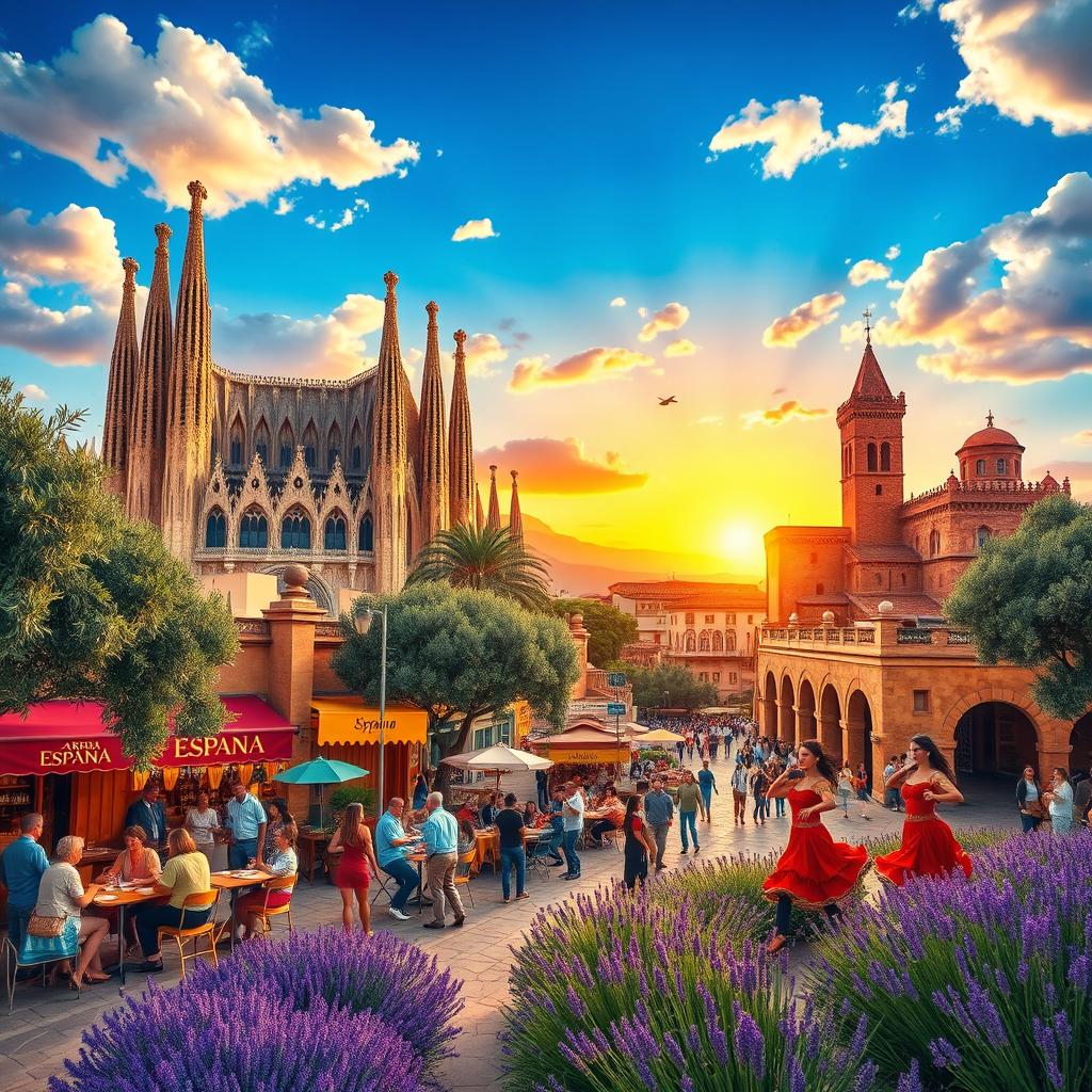 A vibrant and dynamic scene depicting the spirit of Spain, showcasing a warm sunset over iconic Spanish landmarks such as the Sagrada Familia in Barcelona and the Alhambra in Granada