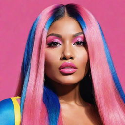 A stylized portrait of Nicki Minaj, highlighting her vibrant fashion and confident persona. Use bright colors and bold lines to capture her larger-than-life image.