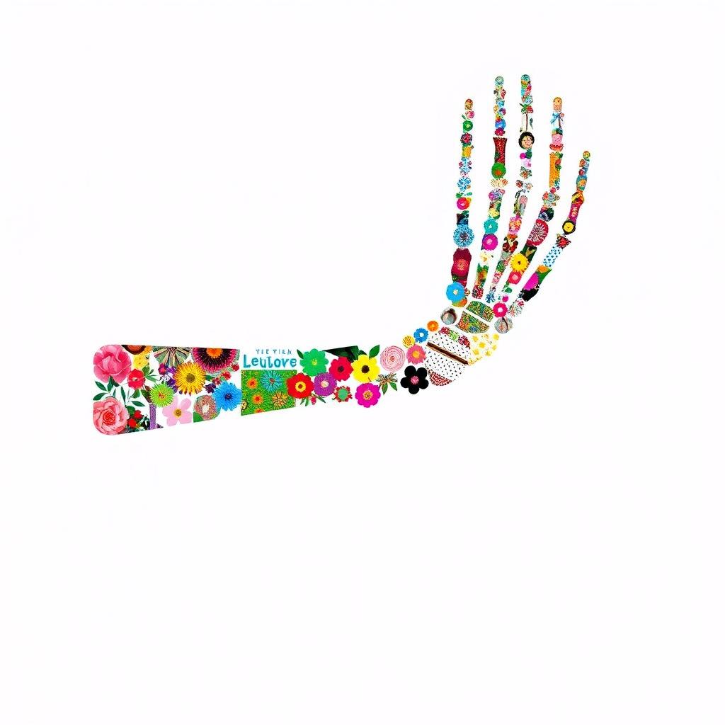 A vibrant and artistic collage depicting the silhouette of a skeleton arm, constructed from a variety of magazine cut-outs