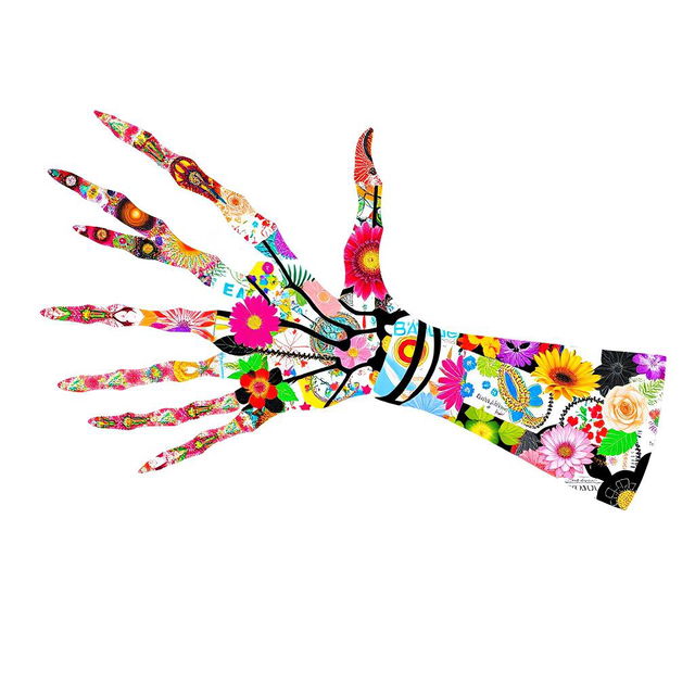 A vibrant and artistic collage depicting the silhouette of a skeleton arm, constructed from a variety of magazine cut-outs