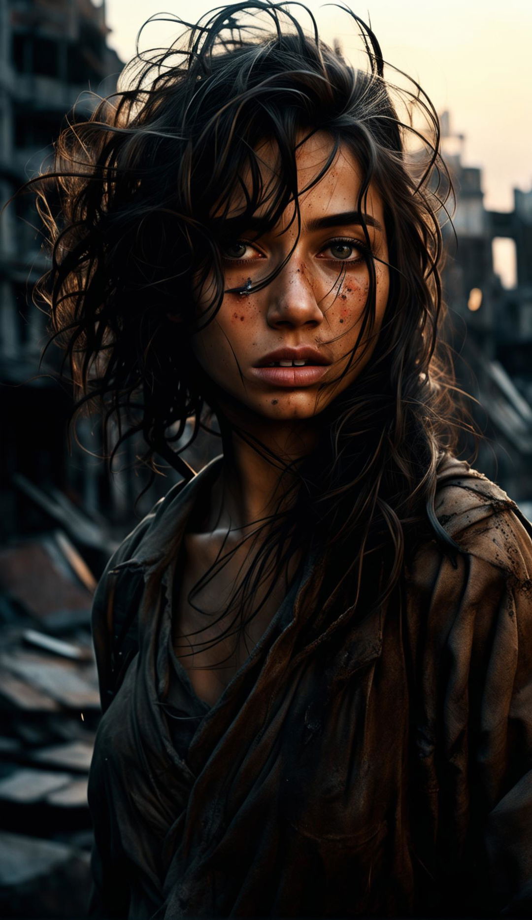 A 16k high-resolution photo-realistic image of a sad 23-year-old woman with thick messy dark hair, closed eyes with tears on her eyelashes and tear-tracks on her dirty face, detailed voluminous chapped lips against a war-torn cityscape background in low light, in the style of James Nachtwey's photography.