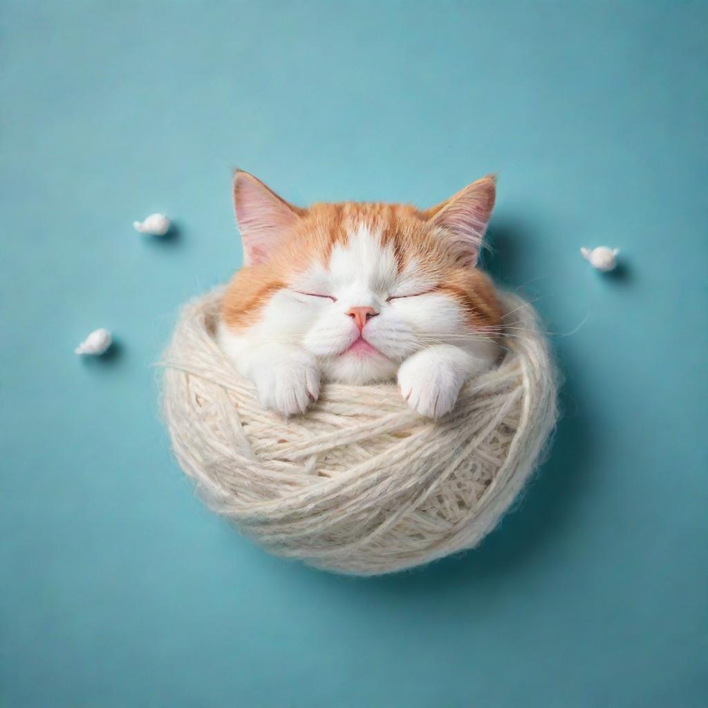 Add a whimsical touch to the sleeping cat image: small, dreamy symbols like a fish or ball of yarn floating above its head, signifying it's dreaming happily.