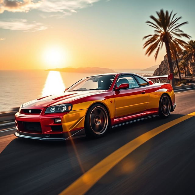 A stunningly detailed Nissan GTR-R34, expertly painted with the vibrant colors of Spain's flag, showcasing deep red and bright yellow hues