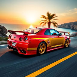 A stunningly detailed Nissan GTR-R34, expertly painted with the vibrant colors of Spain's flag, showcasing deep red and bright yellow hues