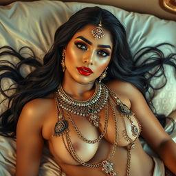 A stunning Indian woman reclining on a luxurious bed, showcasing her long, flowing black hair