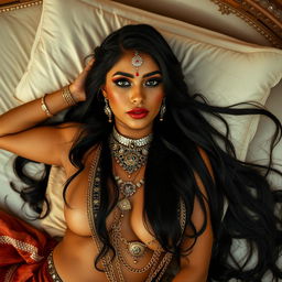 A stunning Indian woman reclining on a luxurious bed, showcasing her long, flowing black hair