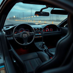 The interior of a Toyota Supra MK4, featuring high-end materials and a driver-focused design