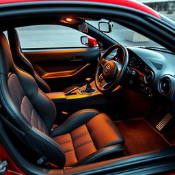 The interior of a Toyota Supra MK4, featuring high-end materials and a driver-focused design