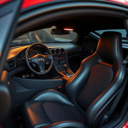 The interior of a Toyota Supra MK4, featuring high-end materials and a driver-focused design