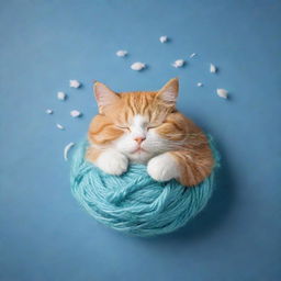 Add a whimsical touch to the sleeping cat image: small, dreamy symbols like a fish or ball of yarn floating above its head, signifying it's dreaming happily.