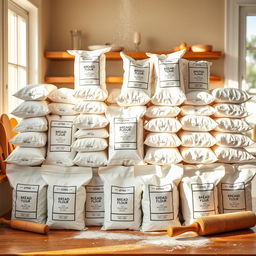 A visually striking arrangement of numerous white bags of flour stacked neatly in a bright kitchen