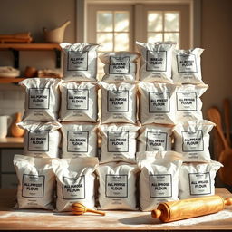 A visually striking arrangement of numerous white bags of flour stacked neatly in a bright kitchen