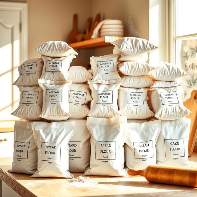 A visually striking arrangement of numerous white bags of flour stacked neatly in a bright kitchen