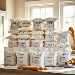 A visually striking arrangement of numerous white bags of flour stacked neatly in a bright kitchen