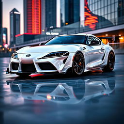 A pristine white Toyota Supra MK4 with twin turbos, parked majestically in a sleek urban environment