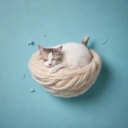 Add a whimsical touch to the sleeping cat image: small, dreamy symbols like a fish or ball of yarn floating above its head, signifying it's dreaming happily.