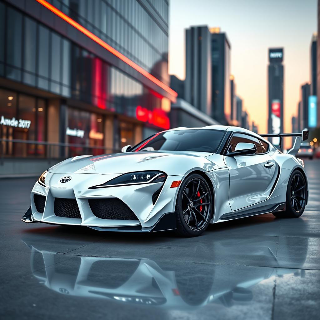 A pristine white Toyota Supra MK4 with twin turbos, parked majestically in a sleek urban environment