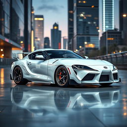 A pristine white Toyota Supra MK4 with twin turbos, parked majestically in a sleek urban environment