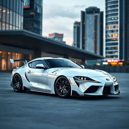 A pristine white Toyota Supra MK4 with twin turbos, parked majestically in a sleek urban environment