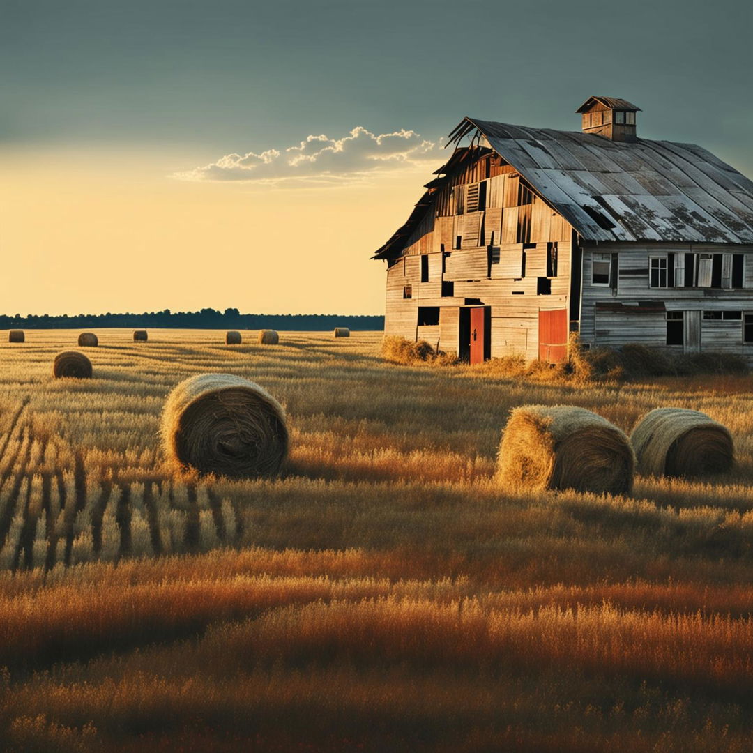 Vintage album art featuring a weathered barn in a golden hay field under a setting sun, embodying the spirit of country music.