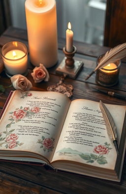 A beautifully arranged collection of romantic poetry, featuring elegant typography on aged parchment paper, surrounded by soft, pastel watercolor illustrations of blooming roses and tranquil landscapes