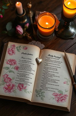 A beautifully arranged collection of romantic poetry, featuring elegant typography on aged parchment paper, surrounded by soft, pastel watercolor illustrations of blooming roses and tranquil landscapes