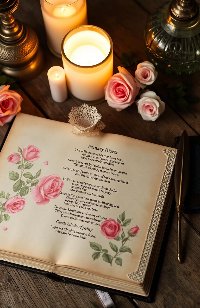 A beautifully arranged collection of romantic poetry, featuring elegant typography on aged parchment paper, surrounded by soft, pastel watercolor illustrations of blooming roses and tranquil landscapes