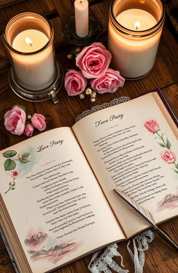 A beautifully arranged collection of romantic poetry, featuring elegant typography on aged parchment paper, surrounded by soft, pastel watercolor illustrations of blooming roses and tranquil landscapes