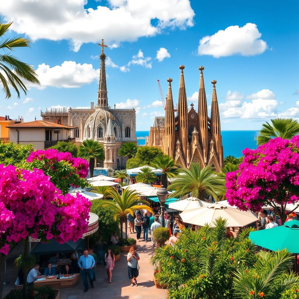 A vibrant landscape of Spain featuring the iconic Sagrada Familia in Barcelona, with its intricate architectural details and colorful mosaic tiles