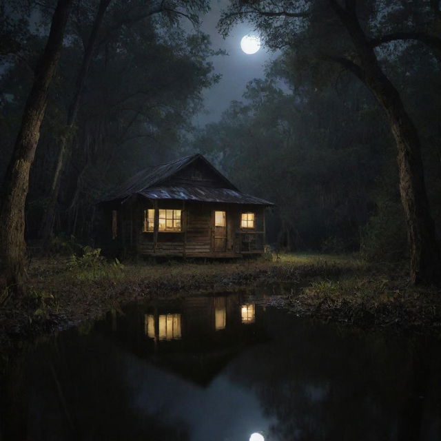 The mysterious dark bayou with the old shack and lurking alligators. Now with added night creatures - owls, bats and raccoons, and an increased number of shimmering fireflies twinkling in the darkness.