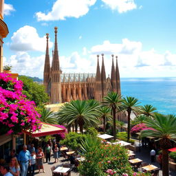 A vibrant landscape of Spain featuring the iconic Sagrada Familia in Barcelona, with its intricate architectural details and colorful mosaic tiles