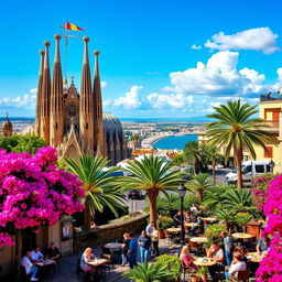 A vibrant landscape of Spain featuring the iconic Sagrada Familia in Barcelona, with its intricate architectural details and colorful mosaic tiles